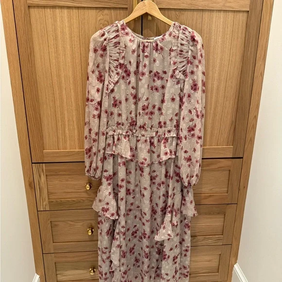 CURRENT AIR for ANTHROPOLOGIE Floral Pink Ruffle Midi Dress - Picture 2 of 5